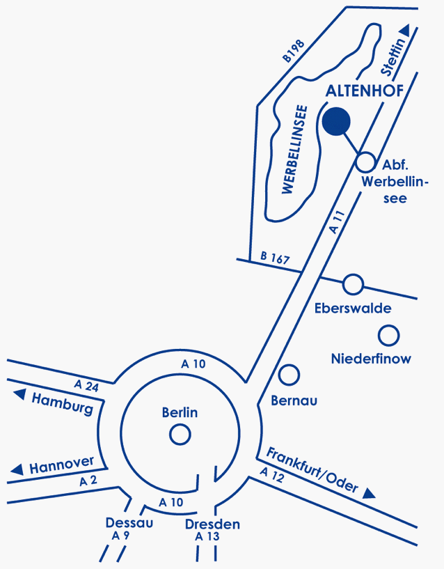 Map showing connections between Berlin and surrounding areas, marked with highways A10, A12, A13 and cities like Hamburg, Dresden, Hannover as well as stops such as Altenhof and Werbellinsee.