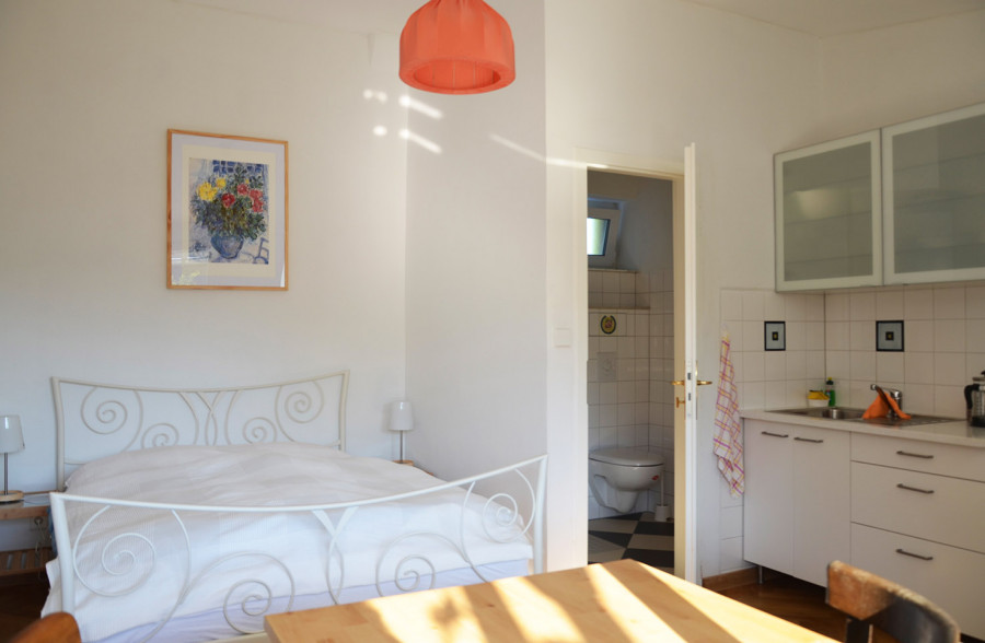 Bedroom with white metal bed, orange pendant lamp, and floral painting; kitchen with sink and bathroom visible in background.