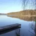 Muelle de madera en un lago con agua tranquila y espejo, rodeado de &aacute;rboles desnudos y bosque al fondo bajo un cielo azul despejado.