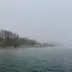 Niebla densa sobre una orilla de lago con &aacute;rboles, muelles y casas al fondo; superficie acu&aacute;tica tranquila con leves olas.